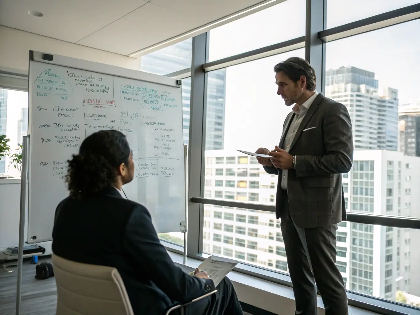 A professional consultant is providing strategic advice to a business owner in a modern office setting, emphasizing personalized service.