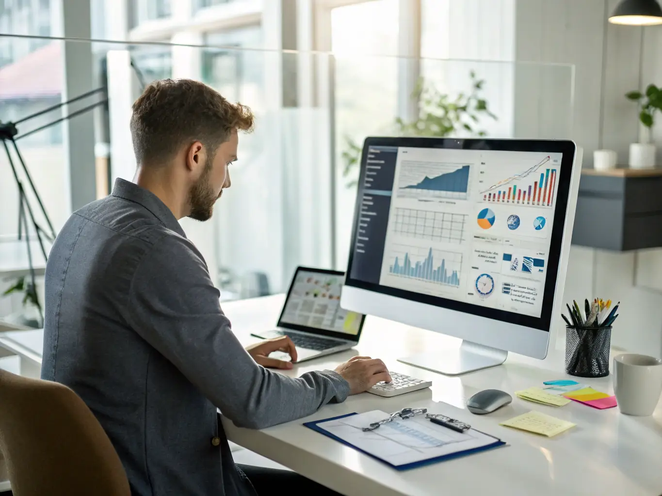 A digital marketing specialist analyzing data and optimizing campaigns on a computer, highlighting data-driven marketing strategies.
